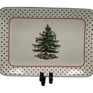 NEW Spode Christmas Tree Serving Tray 12" Polka Dot Border Dessert Tray
